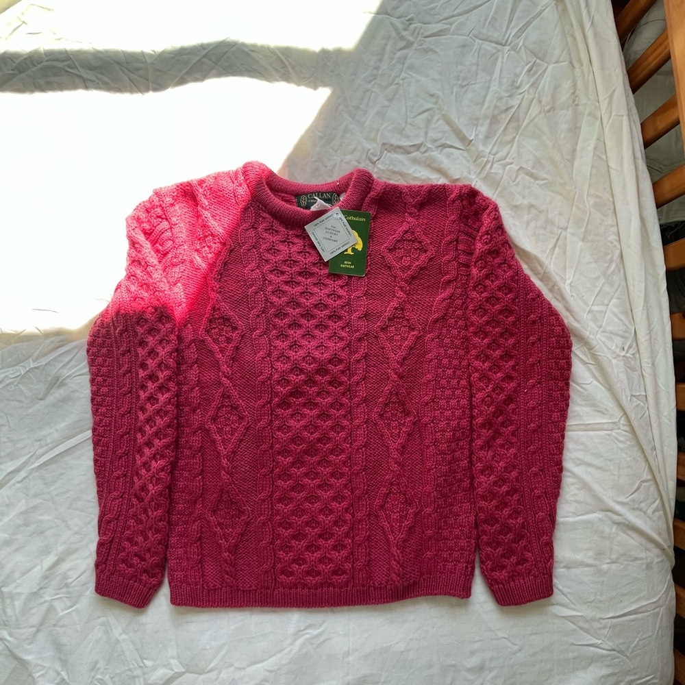 Pink Irish Cable Knit Crew Neck Sweater 100% wool NWT